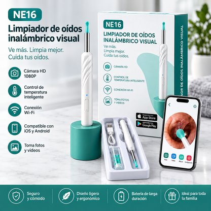 Características del otoscopio OticPro: cámara HD 1080p, control de temperatura, conexión WiFi, compatible con iOS y Android