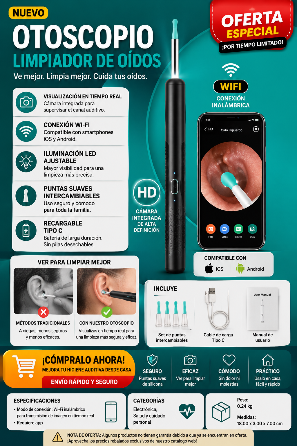 Otoscopio Limpiador WiFi 1080p HD - Cámara Inalámbrica