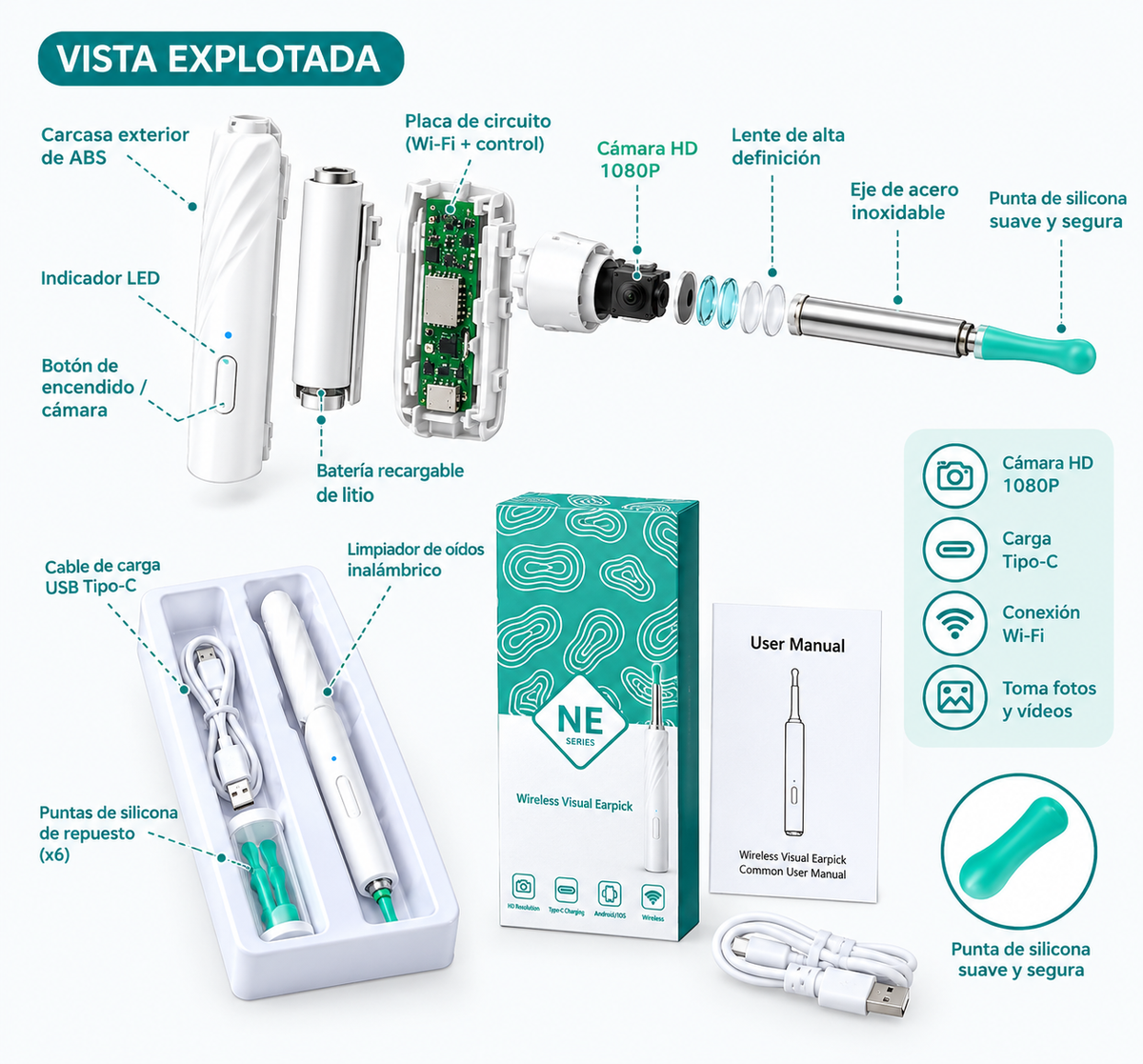Otoscopio Limpiador de Oídos con Cámara WiFi HD 1080p